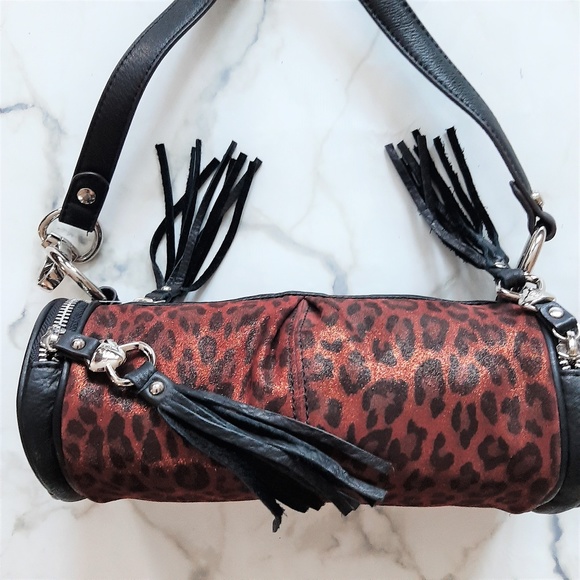 b. makowsky Handbags - B Makowsky Leopard Metallic Suede Mini Barrel Bag
